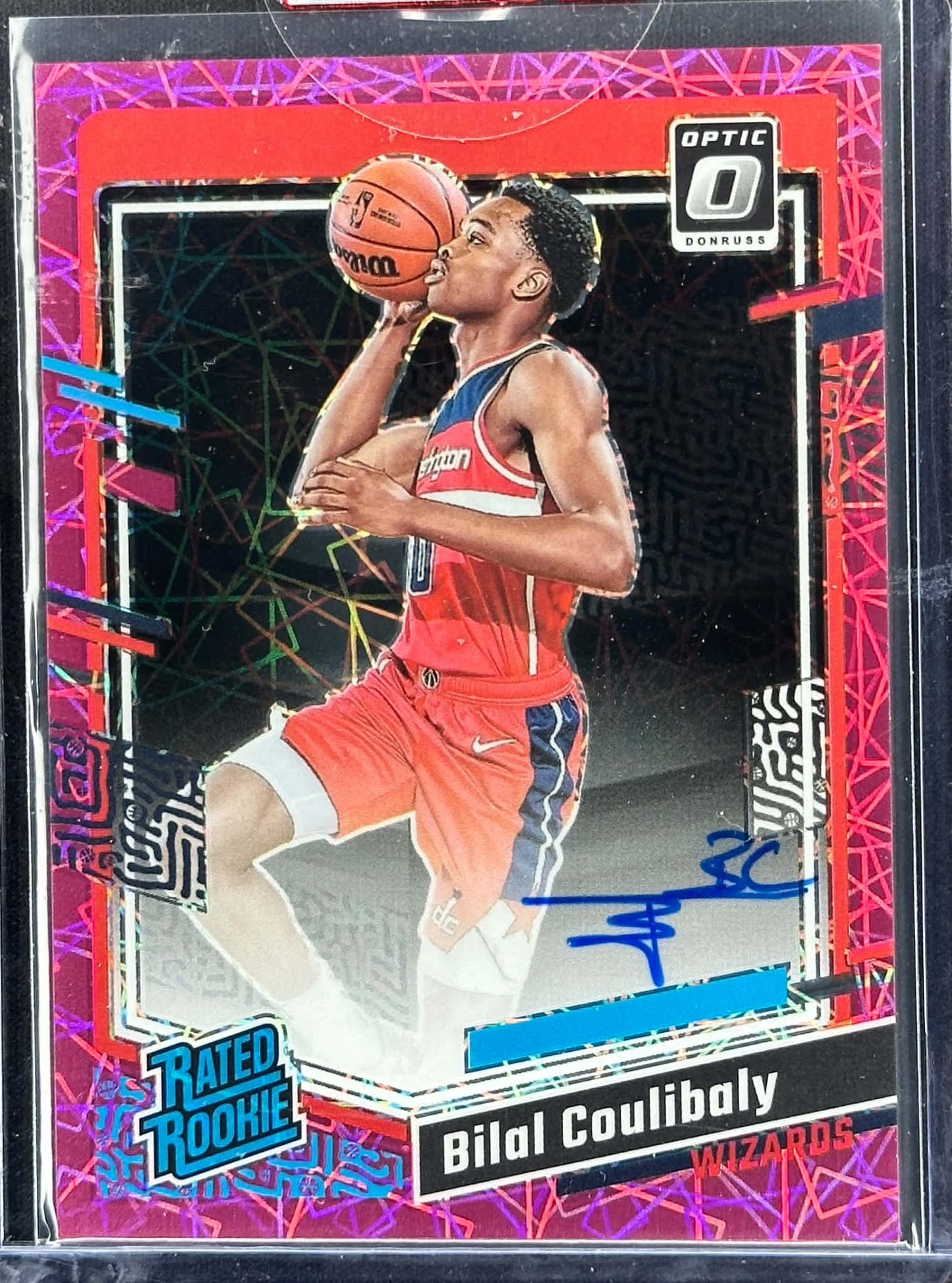 Bilal Coulibaly 2023-24 Panini Donruss Optic Pink Velocity Rated Rookie Auto /79 Washington Wizards basketball card