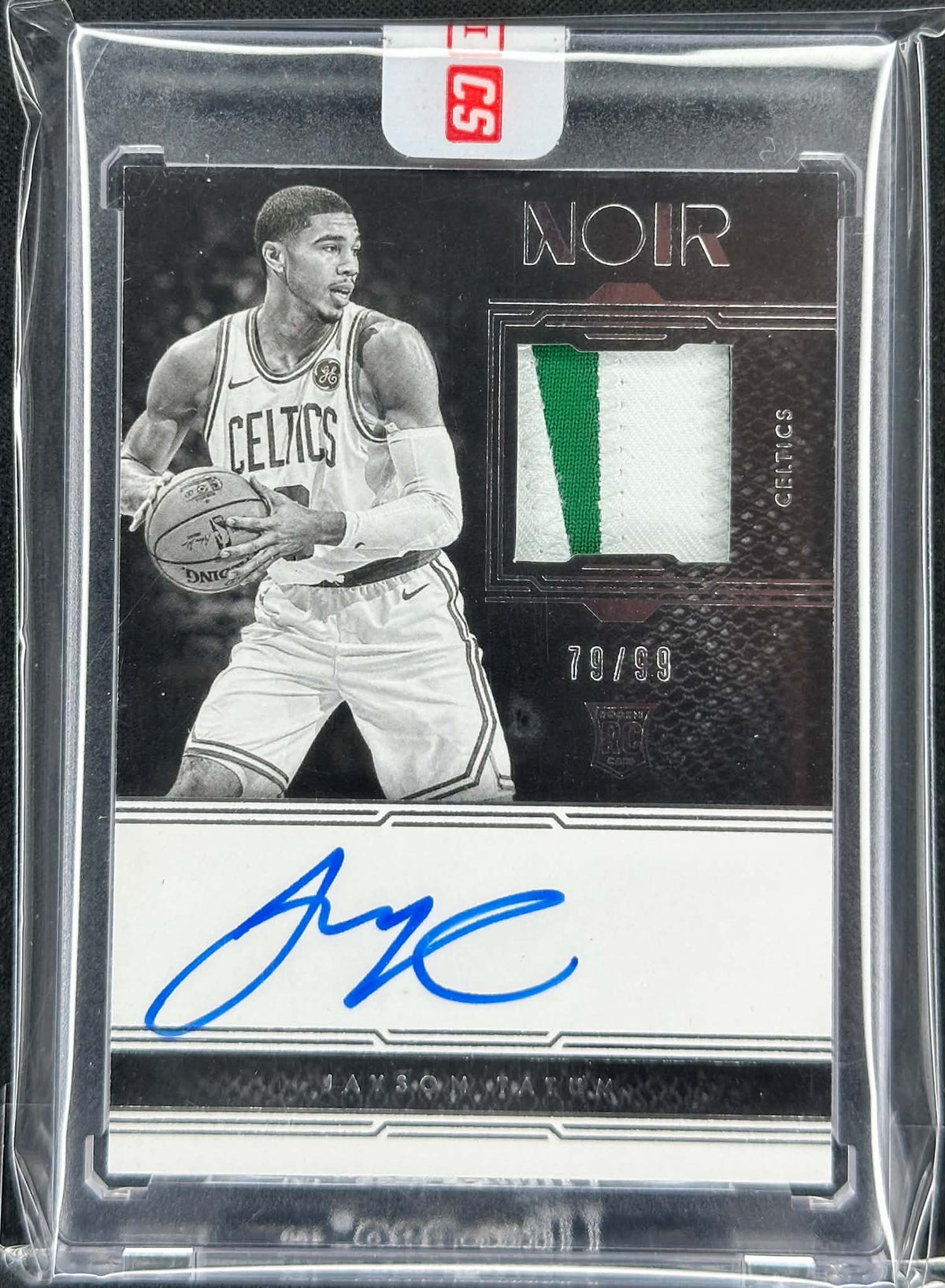 2017-18 Panini Noir Jayson Tatum Black and White Rookie Patch Autograph #303 numbered /99 Boston Celtics basketball card front