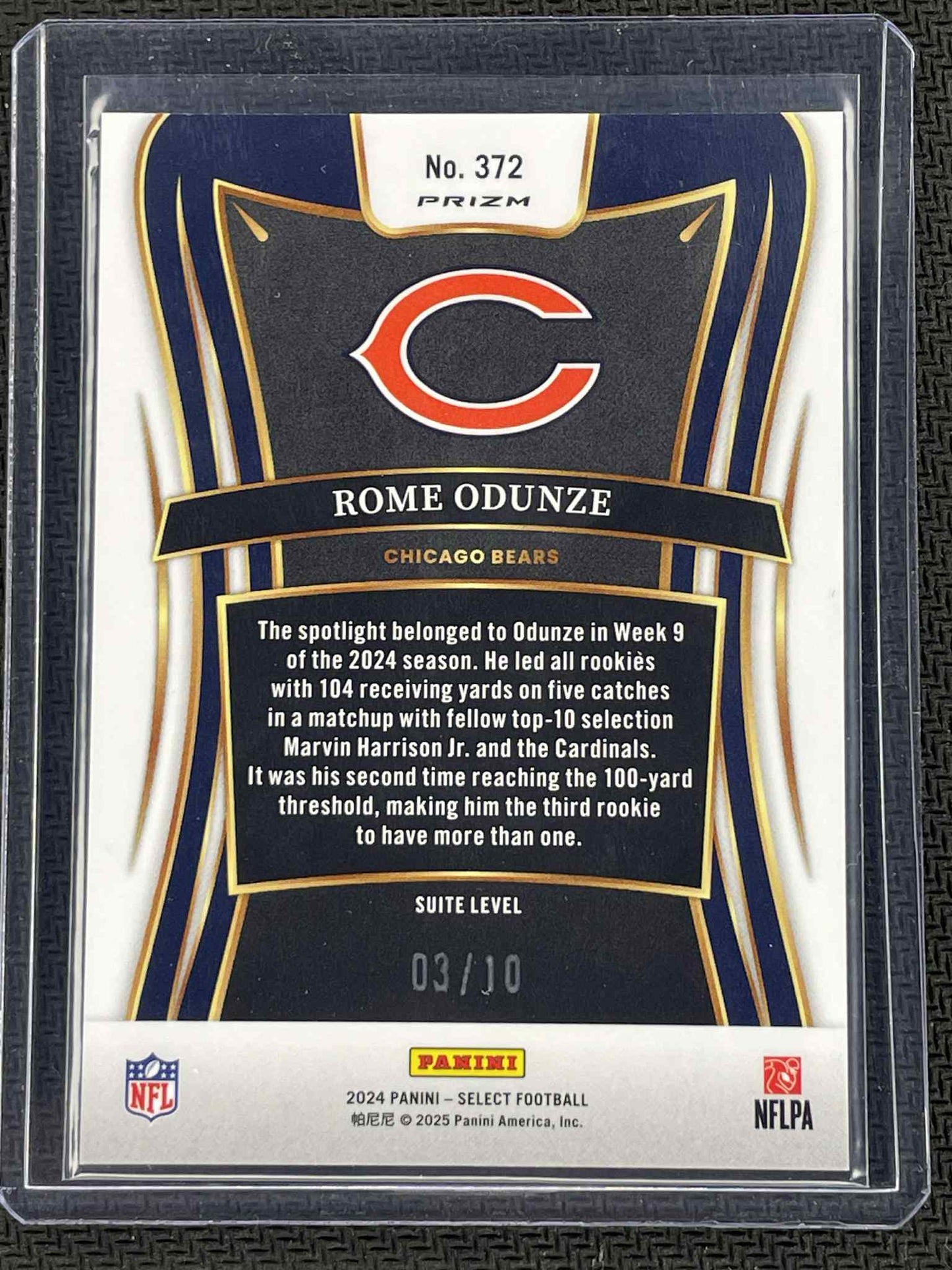 Trading card of Rome Odunze for the Chicago Bears, featuring details and branding.