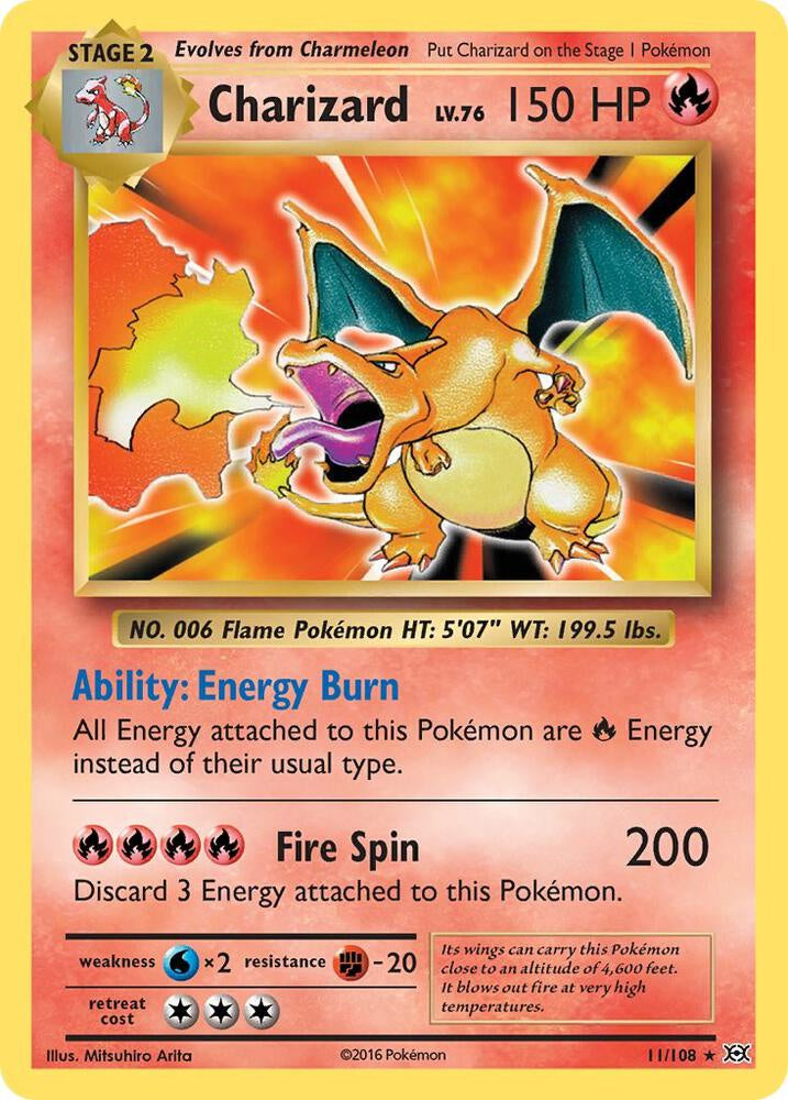 2016 Pokémon XY Evolutions Charizard 11/108 Holo Rare Lightly Played trading card.