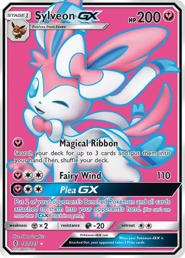 Sylveon GX Full Art 140/145 Sun & Moon Guardians Rising Ultra Rare Holo Near Mint Pokémon card featuring the popular Eeveelution.