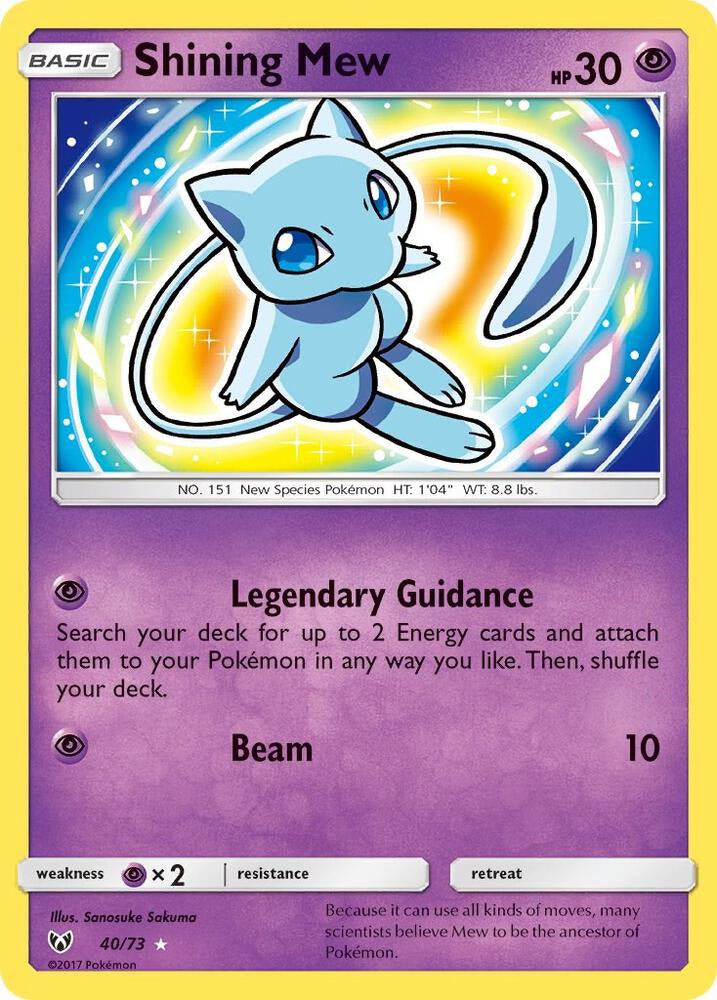Pokémon Shining Mew 40/73 Shining Legends Shining Holo Rare Lightly Played Pokémon trading card featuring the Mythical Pokémon.