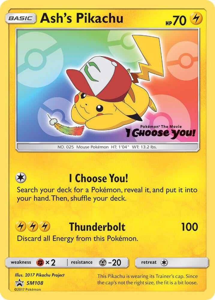 Pokémon Ash's Pikachu SM108 Sun & Moon Black Star Promo factory sealed English trading card in Near Mint condition.