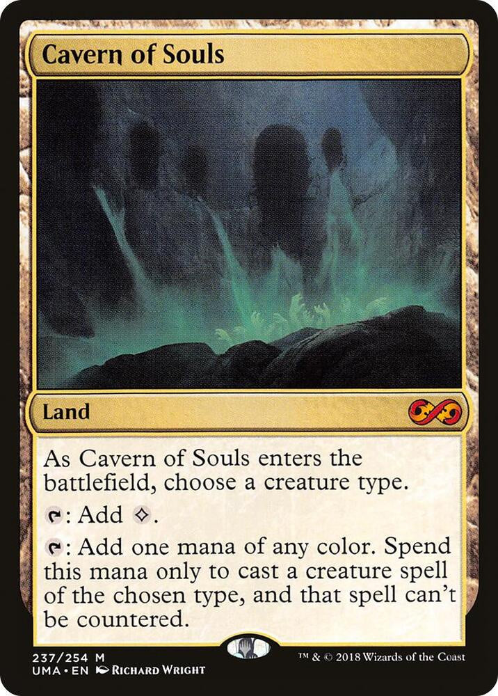Card featuring 'Cavern of Souls' with silhouettes in a dark cave and glowing green mist.