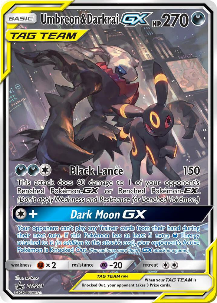 2019 Pokémon Sun & Moon Umbreon & Darkrai GX SM241 TAG TEAM Full Art holographic Black Star Promo card in Near Mint condition.