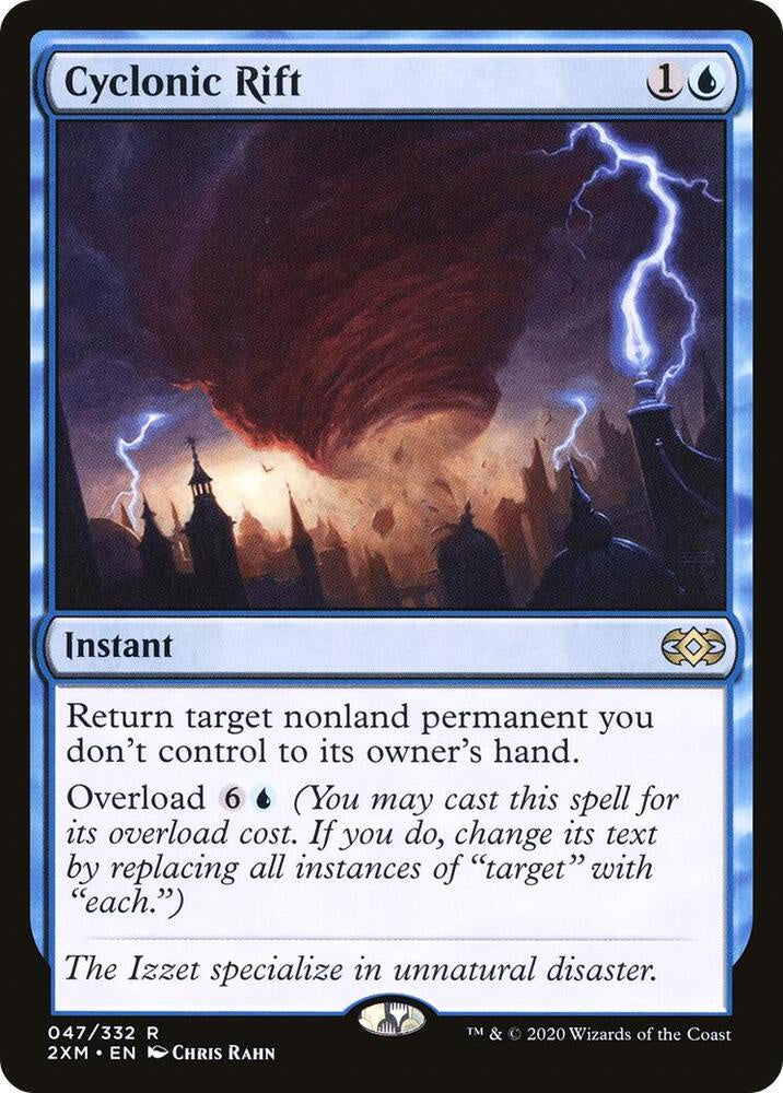 Cyclonic Rift card from a collectible card game with stormy background and text.
