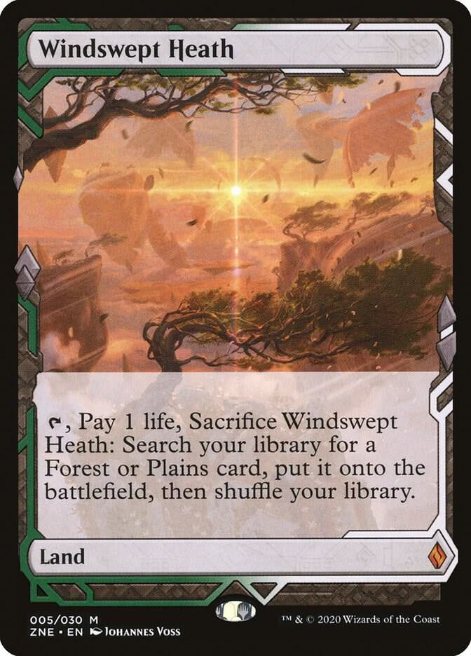 Windswept Heath card from a collectible card game with a scenic background
