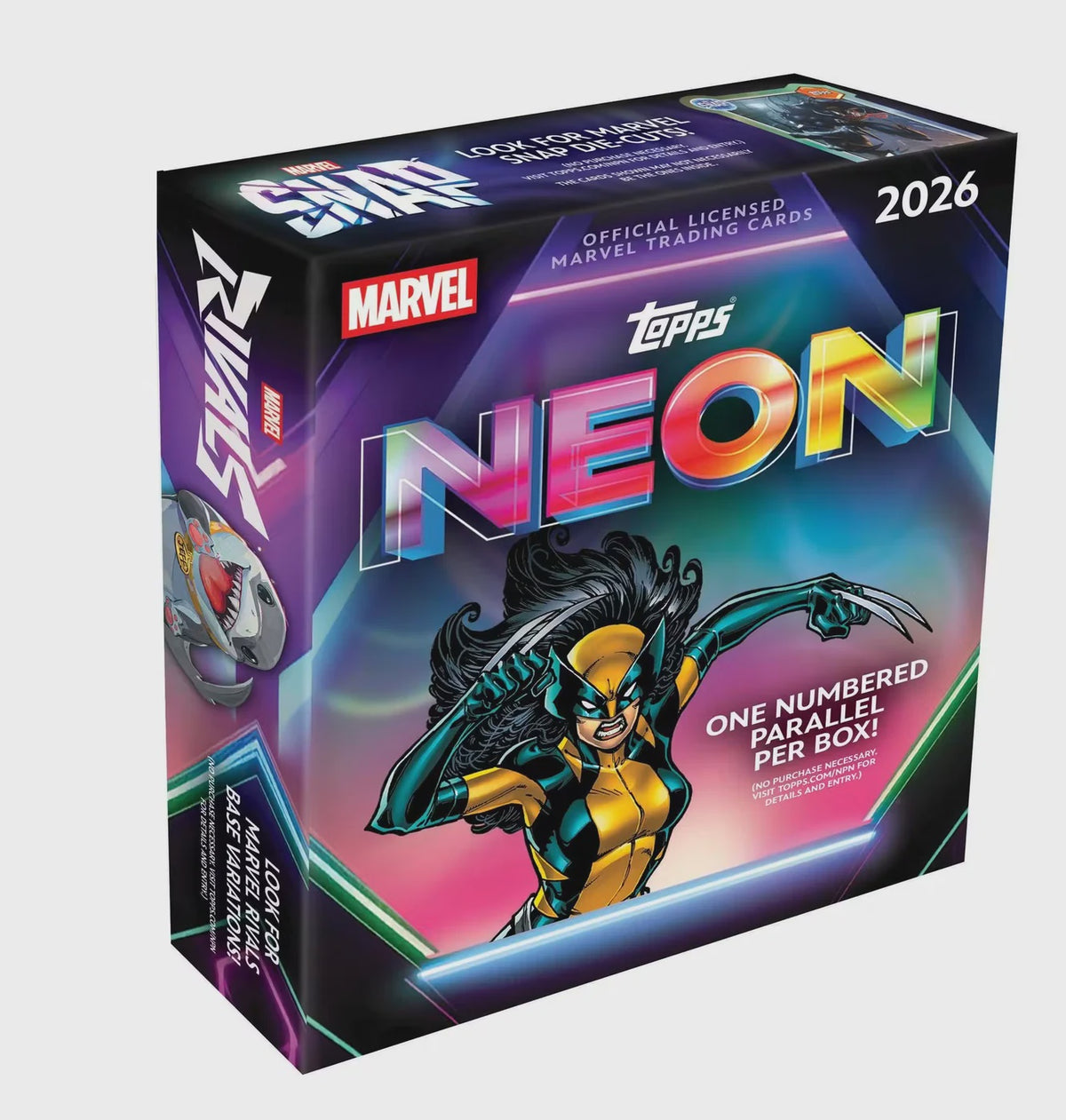 2026 Topps Marvel Neon Mega Box containing 10 packs of 5 Marvel trading cards, featuring neon artwork, Diamante Foil parallels and one numbered parallel per box.