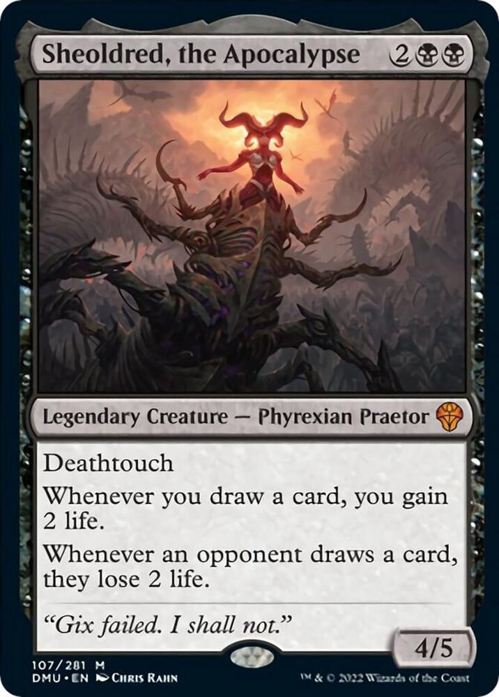 Sheoldred the Apocalypse Magic the Gathering Dominaria United DMU legendary Phyrexian Praetor card.