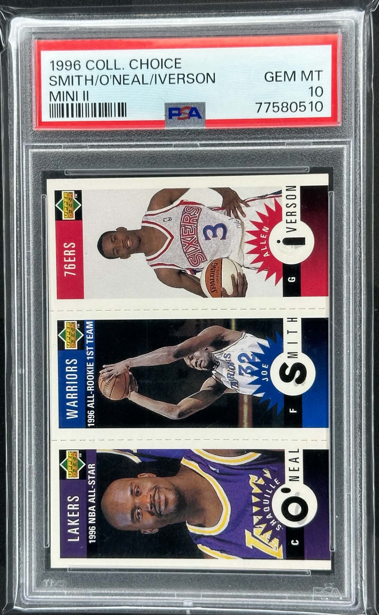 1996-97 Upper Deck Collector's Choice Mini II PSA 10 featuring Shaquille O'Neal, Allen Iverson and Joe Smith