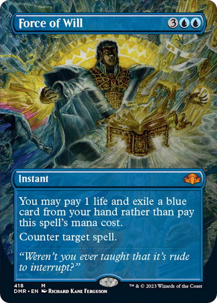 Borderless Force of Will from Dominaria Remastered, one of Magic: The Gathering's most iconic counterspells.