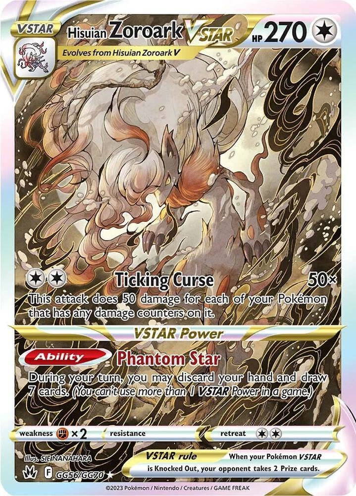 2023 Pokémon Sword & Shield Crown Zenith Hisuian Zoroark VSTAR GG56/GG70 Galarian Gallery Ultra Rare textured Full Art holographic card in Near Mint condition.