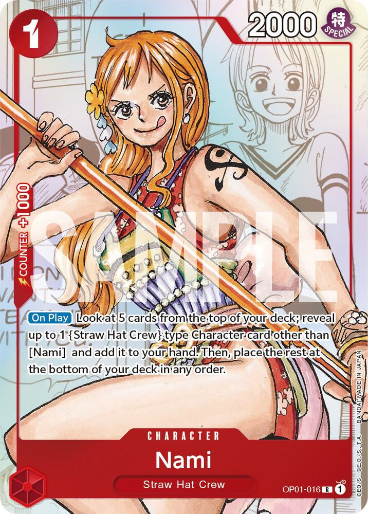 Nami OP01-016 alternate art card from One Piece Promotion Cards (OP-PR), featuring vibrant artwork and collectible TCG design.