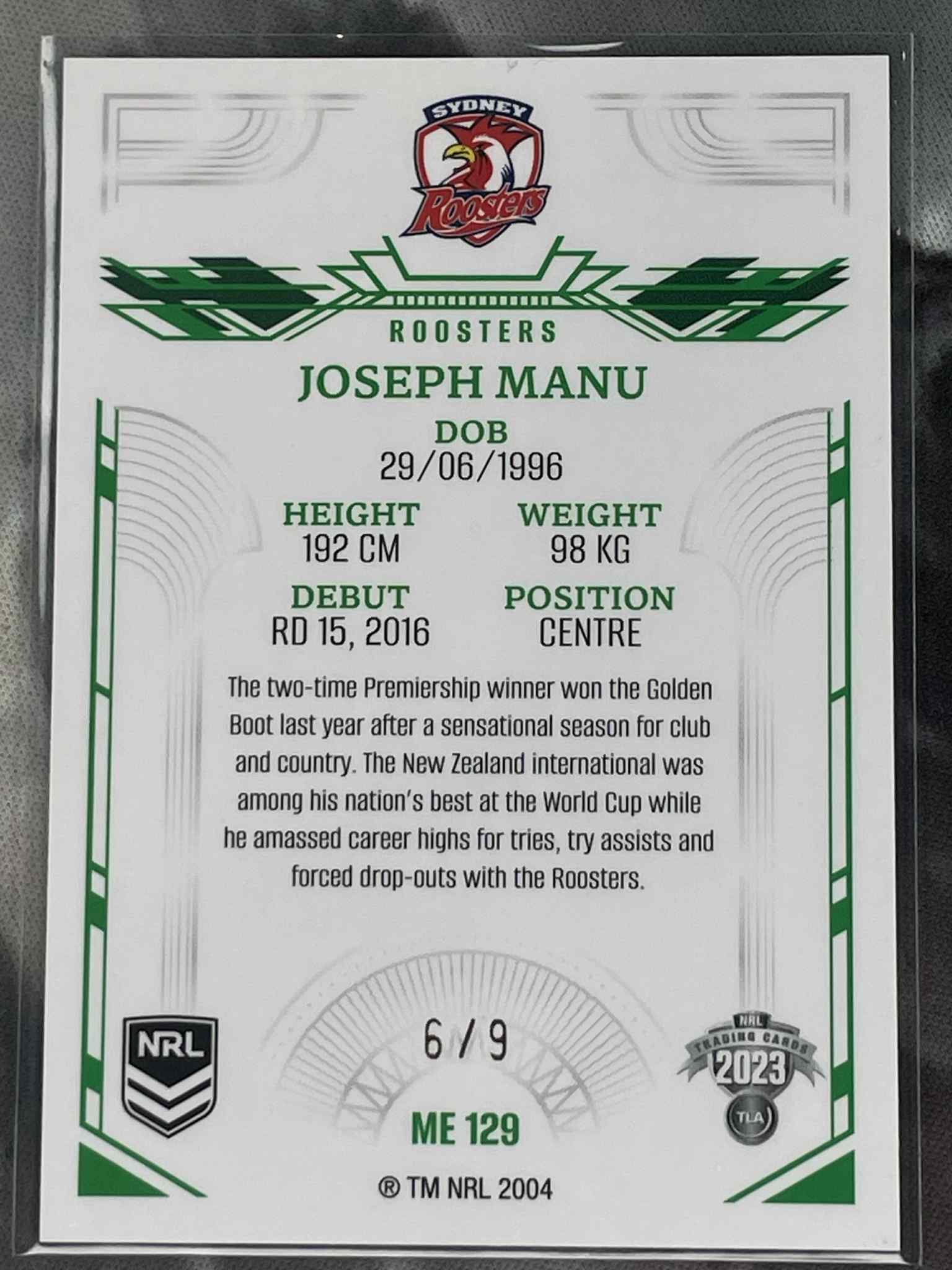 Card with sports player information for Joseph Manu from the Sydney Roosters NRL team.