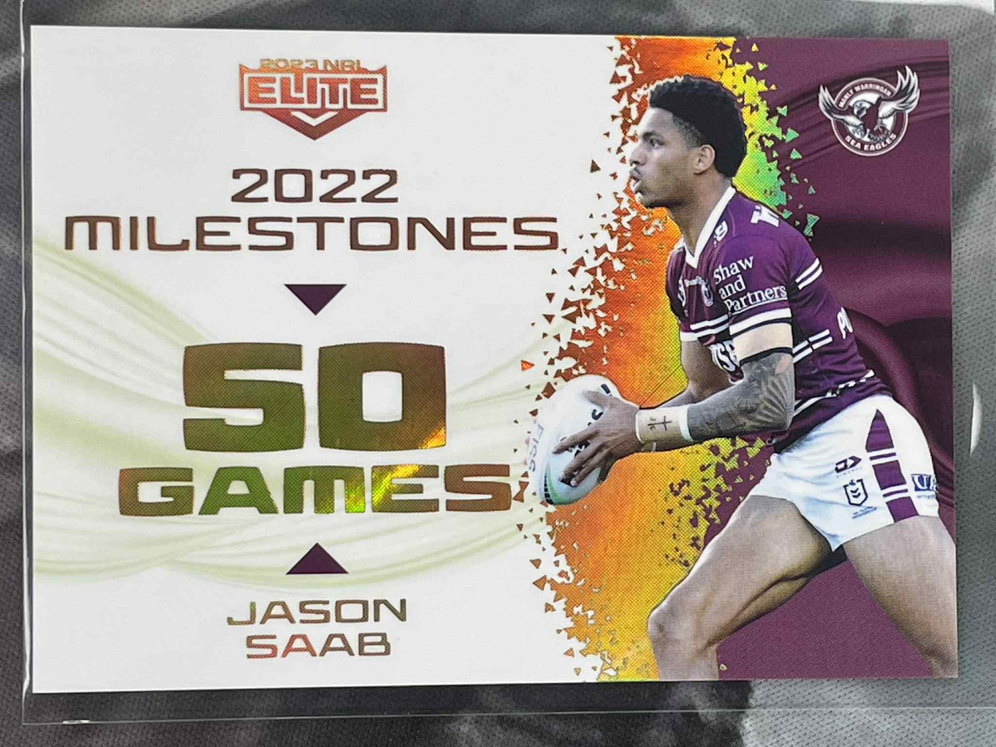 2023 NRL Elite Jason Saab Milestones 50 Games #/42 trading card