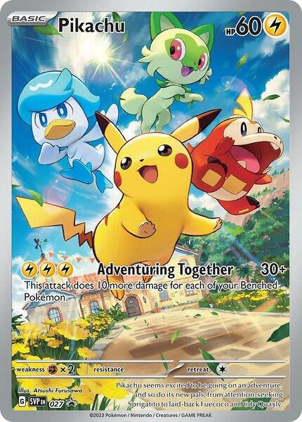 2023 Pokémon Pikachu SVP027 Scarlet & Violet Black Star Promo holo card factory sealed in original promotional packaging.