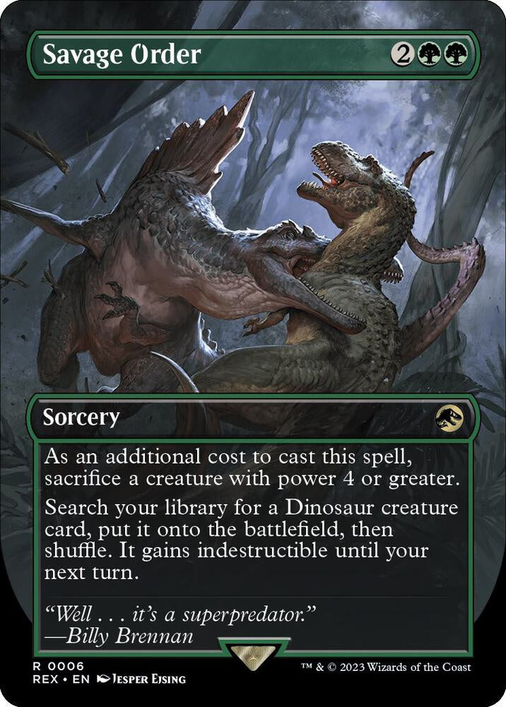 Savage Order Borderless Universes Beyond Jurassic World Collection REX Magic The Gathering green sorcery card featuring dinosaur-themed artwork