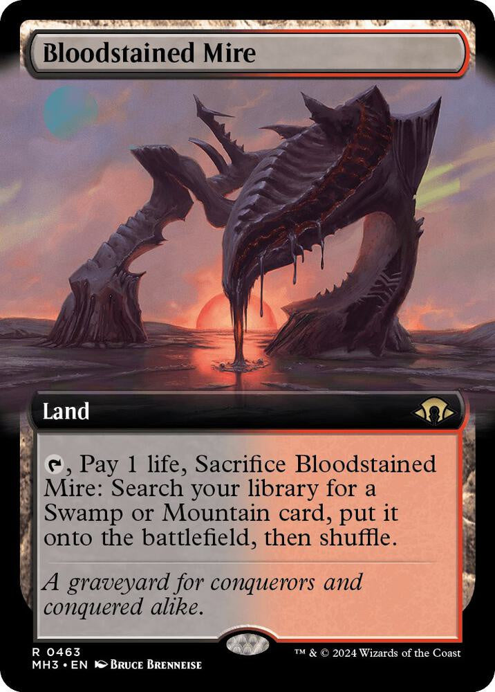 Bloodstained Mire #463 Extended Art Rare from Magic the Gathering Modern Horizons 3 MH3, Near Mint fetch land with Bruce Brenneise artwork.
