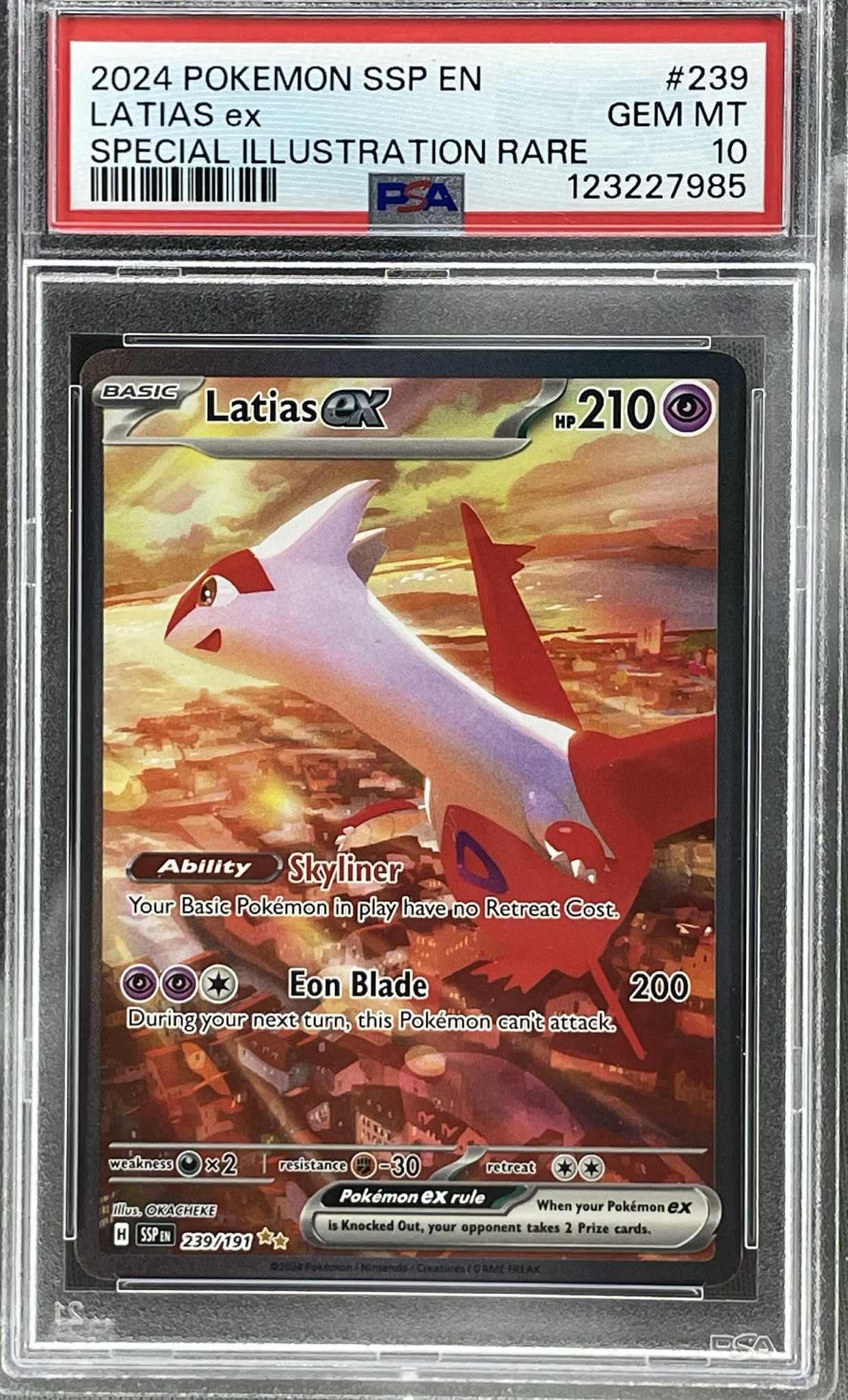 Latias ex Special Illustration Rare 239/191 from Pokémon Surging Sparks, PSA 10 Gem Mint graded Pokémon TCG card.