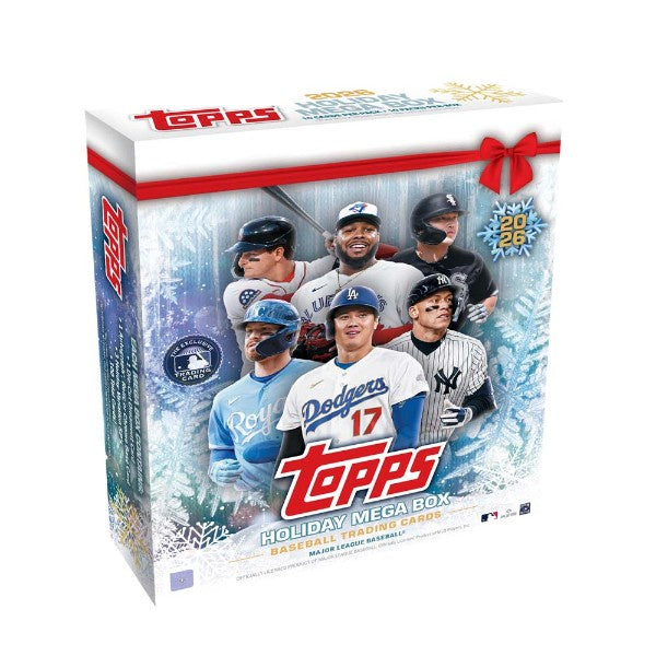 2026 Topps Holiday Baseball MLB Mega Box containing 10 packs of 10 trading cards with festive parallels, autographs, relics and Chrome variations.