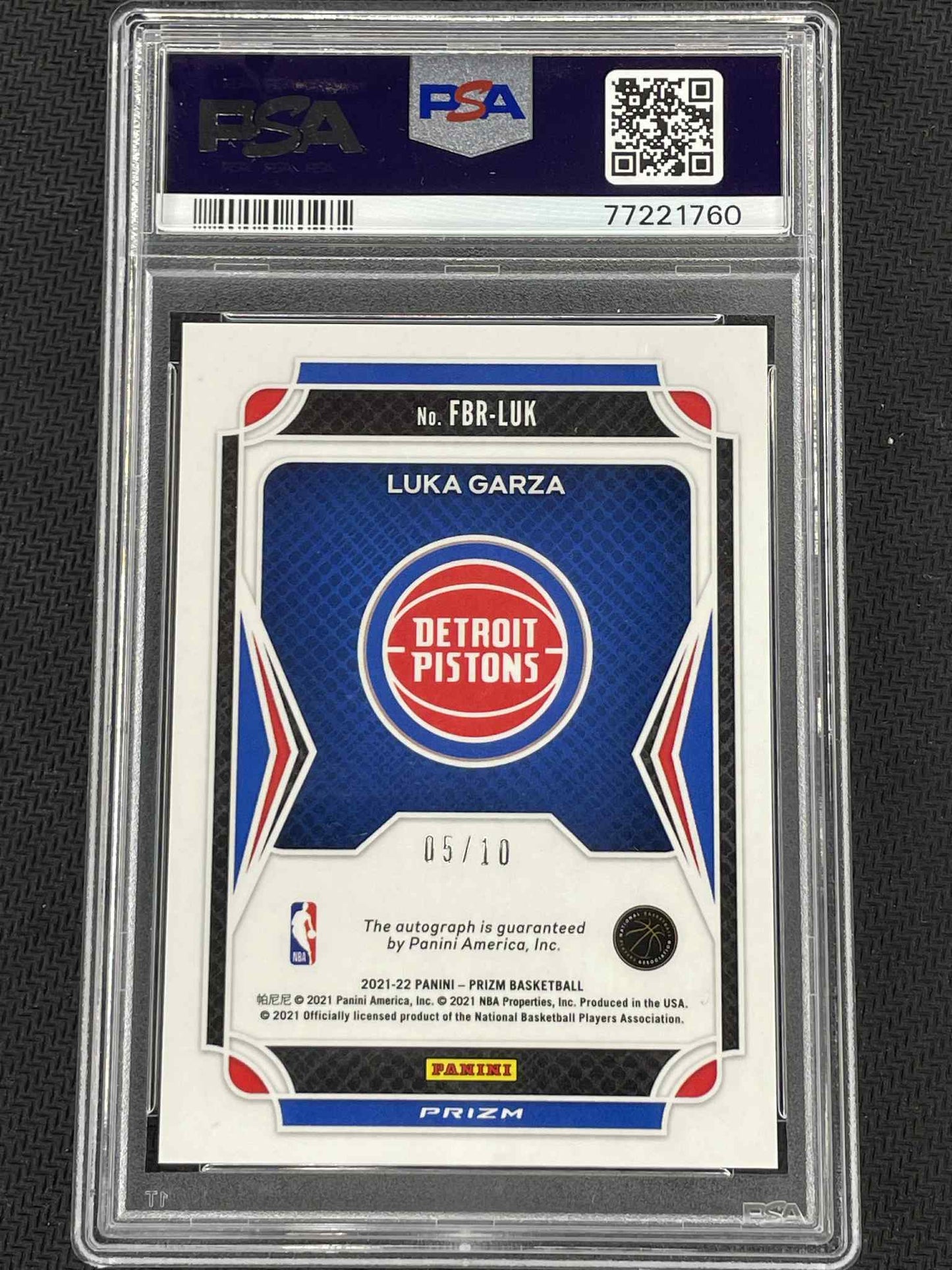 Basketball trading card of Luka Garza with Detroit Pistons logo, graded by PSA
