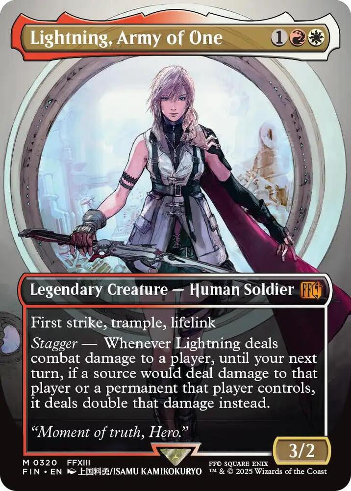 Lightning, Army of One Borderless #320 from Magic: The Gathering FINAL FANTASY (FIN) Near Mint Mythic Rare featuring premium Lightning artwork.