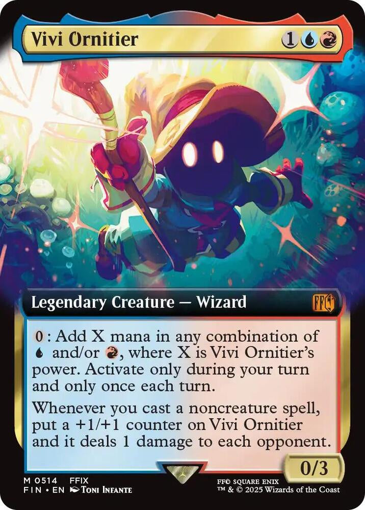 Vivi Ornitier extended art foil card from Final Fantasy FIN, Magic the Gathering crossover with expanded artwork and foil finish.