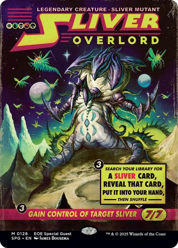 Magic: The Gathering Sliver Overlord card art featuring a monstrous creature in a sci-fi landscape with purple, green, and yellow tones. Visible text includes 'Legendary Creature - Sliver Mutant' and 'Wizards of the Coast'.