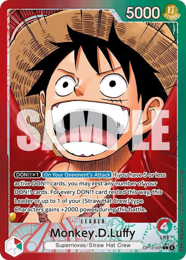 2025 One Piece Carrying On His Will Monkey D. Luffy OP13-001 Alternate Art Leader card.