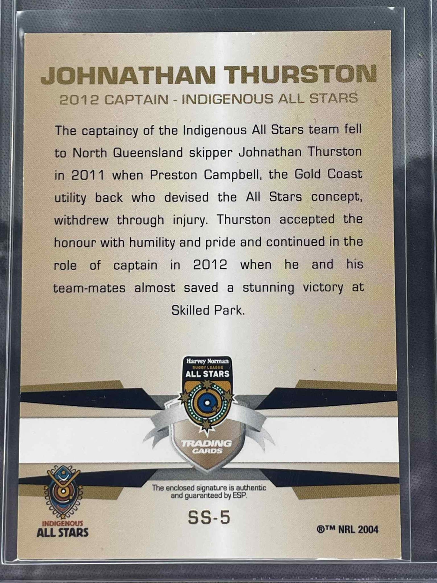 Trading card featuring Johnathan Thurston with text and branding