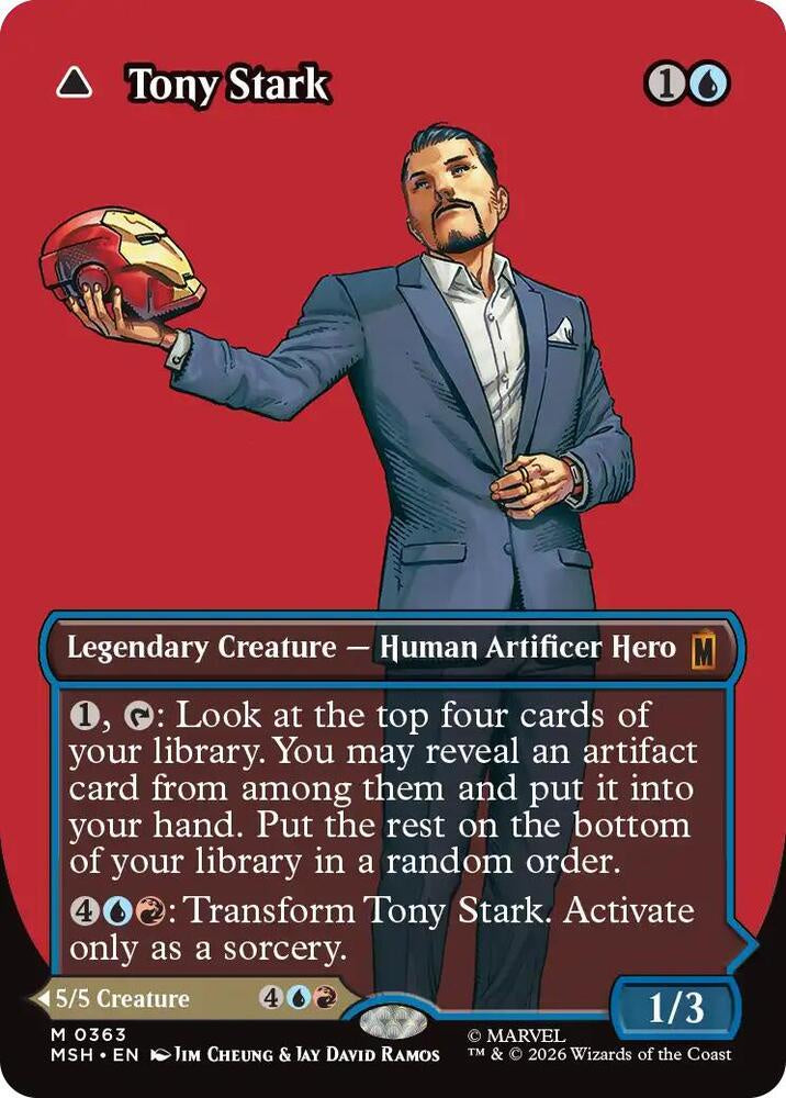 Card featuring Tony Stark holding a helmet, with game text and Marvel branding.