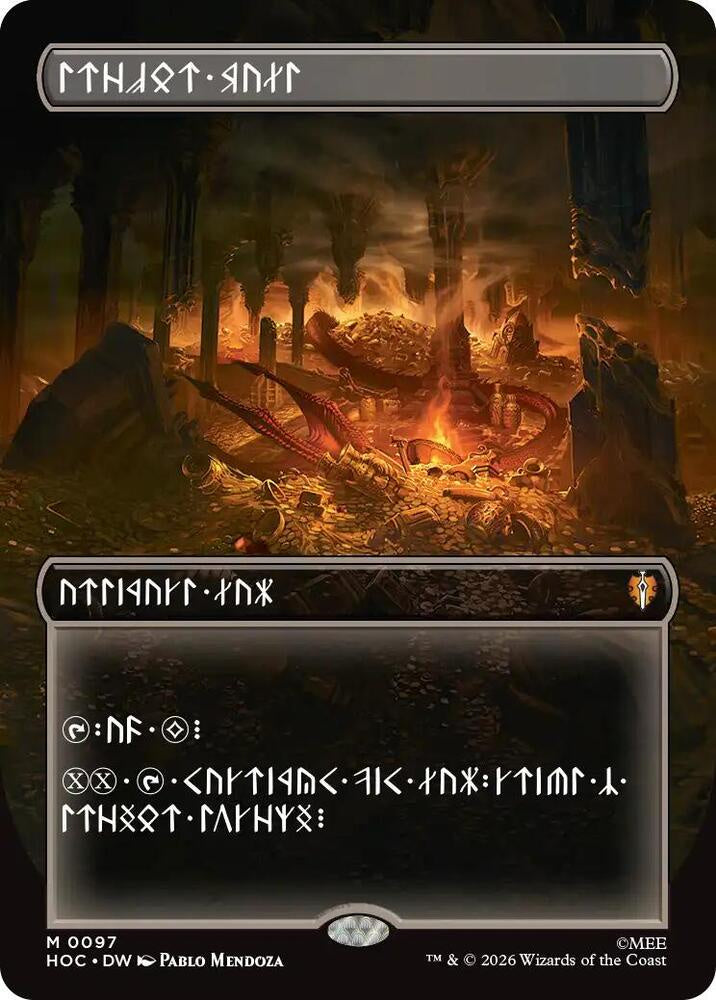 A fantasy trading card featuring an illustration of a fiery, rocky landscape with a dragon-like creature in the center. The card has dark gray borders at the top and bottom with stylized text in an alien script, and Wizards of the Coast branding appears at the bottom right.