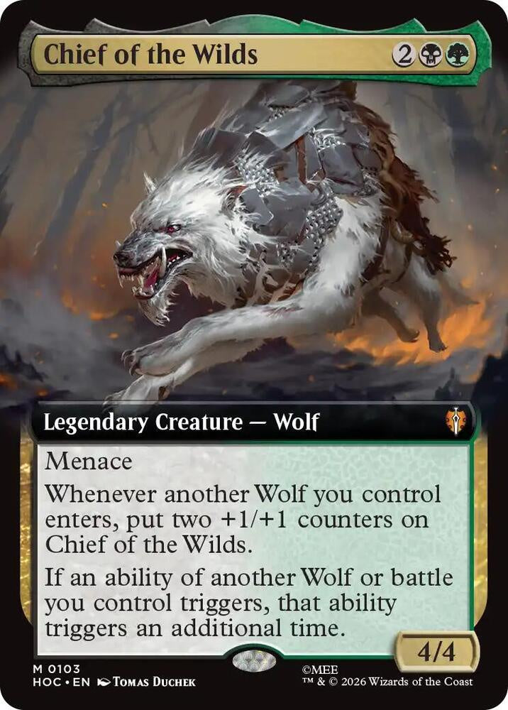 Magic: The Gathering trading card titled "Chief of the Wilds" showing a large white wolf with dark fur and armor-like markings, with card text and mana cost boxes visible.