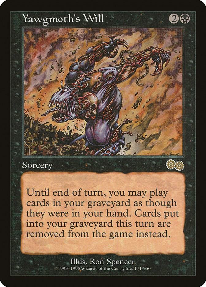 “Yawgmoth’s Will card from Urza’s Saga featuring classic black sorcery artwork.”