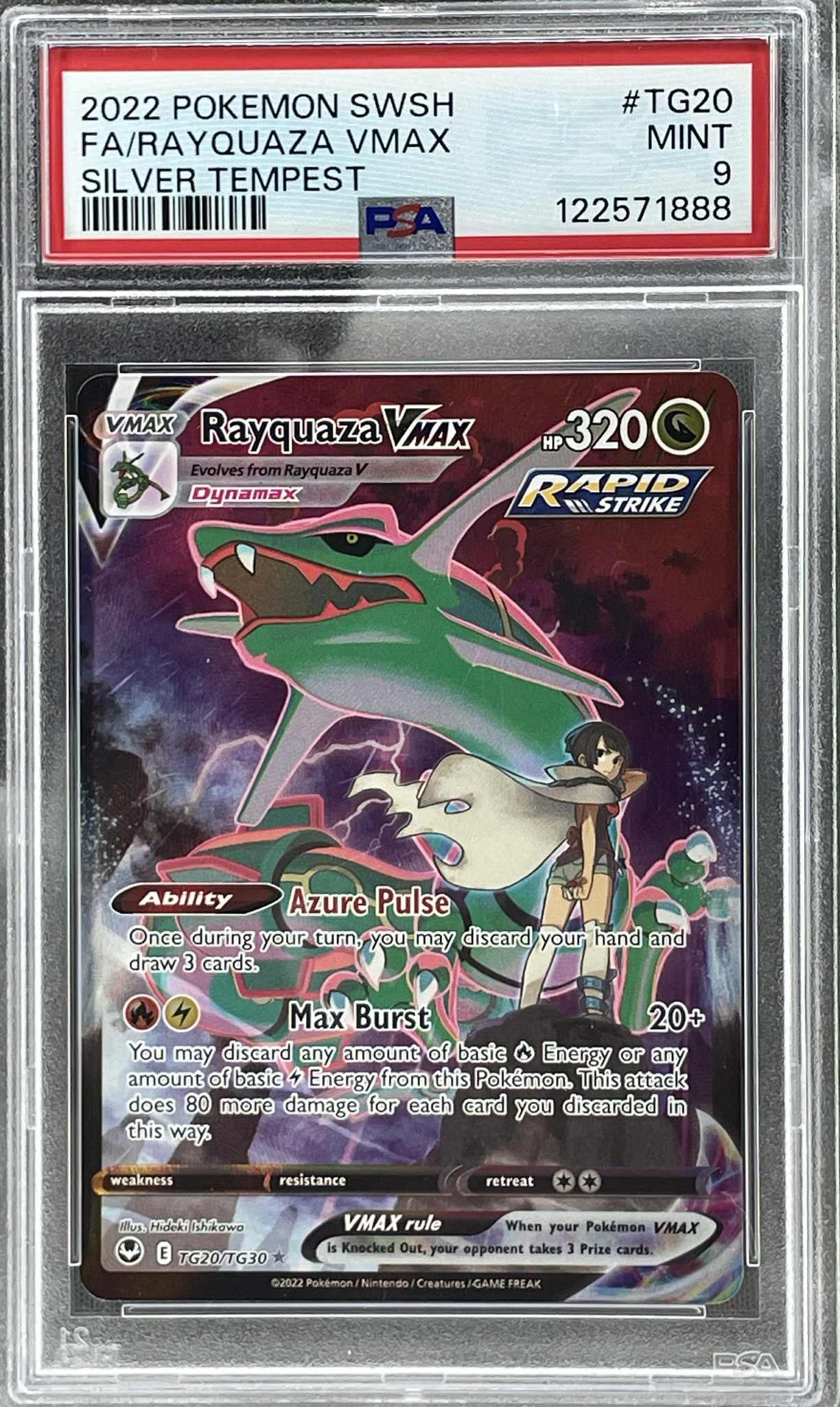 Rayquaza VMAX TG20/TG30 from Pokémon SWSH Silver Tempest, graded PSA 9, featuring collectible Secret Rare artwork.