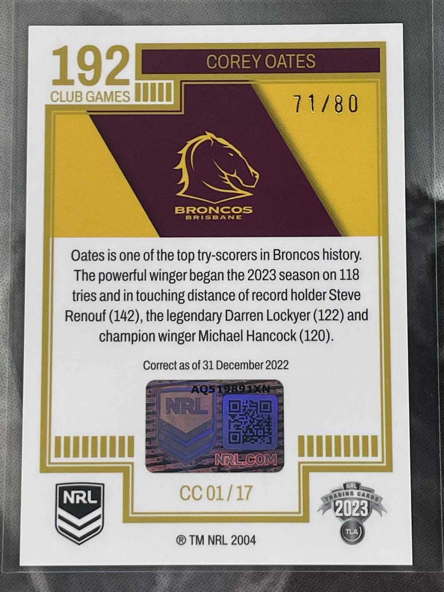 Card featuring Corey Oates of the Broncos with NRL branding