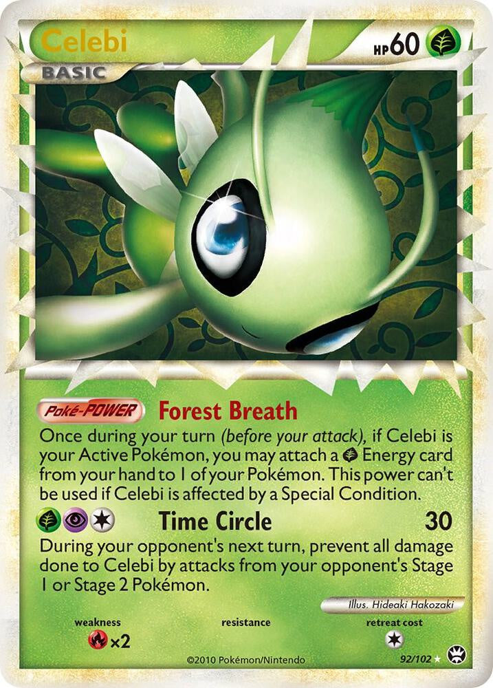 2010 Pokémon Celebi Prime 92/102 HeartGold & SoulSilver Triumphant Holo English card in Near Mint condition.