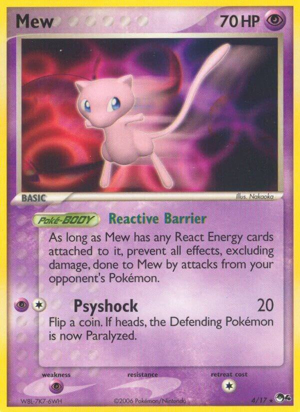 2006 Pokémon Mew 4/17 POP Series 4 Rare Holo English card in Heavily Played condition.