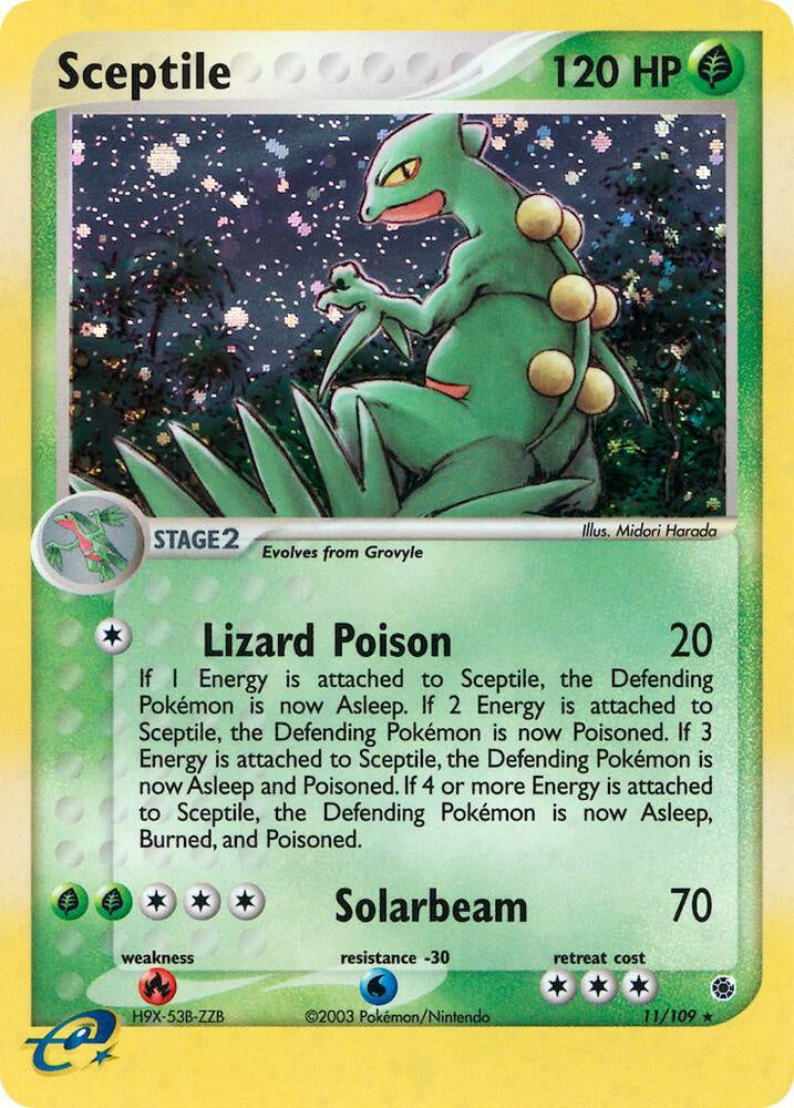 2003 Pokémon Sceptile 11/109 EX Ruby & Sapphire Holo Rare English card with holographic swirl in Near Mint condition.