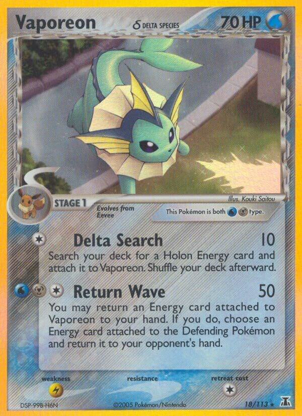 2005 Pokémon Vaporeon δ 18/113 EX Delta Species Holo Rare English card in Moderately Played condition.