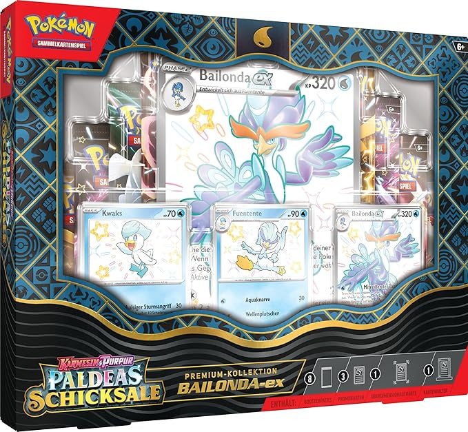 Product image of German Pokémon - Trading Card Game: Crimson & Purple - Paldea's Fates: Premium Collection Bailonda-ex (3 Embossed Holographic Promo Cards, 1 Oversized Promo Card & 8 Booster Packs)