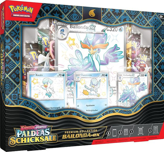 Product image of German Pokémon - Trading Card Game: Crimson & Purple - Paldea's Fates: Premium Collection Bailonda-ex (3 Embossed Holographic Promo Cards, 1 Oversized Promo Card & 8 Booster Packs)