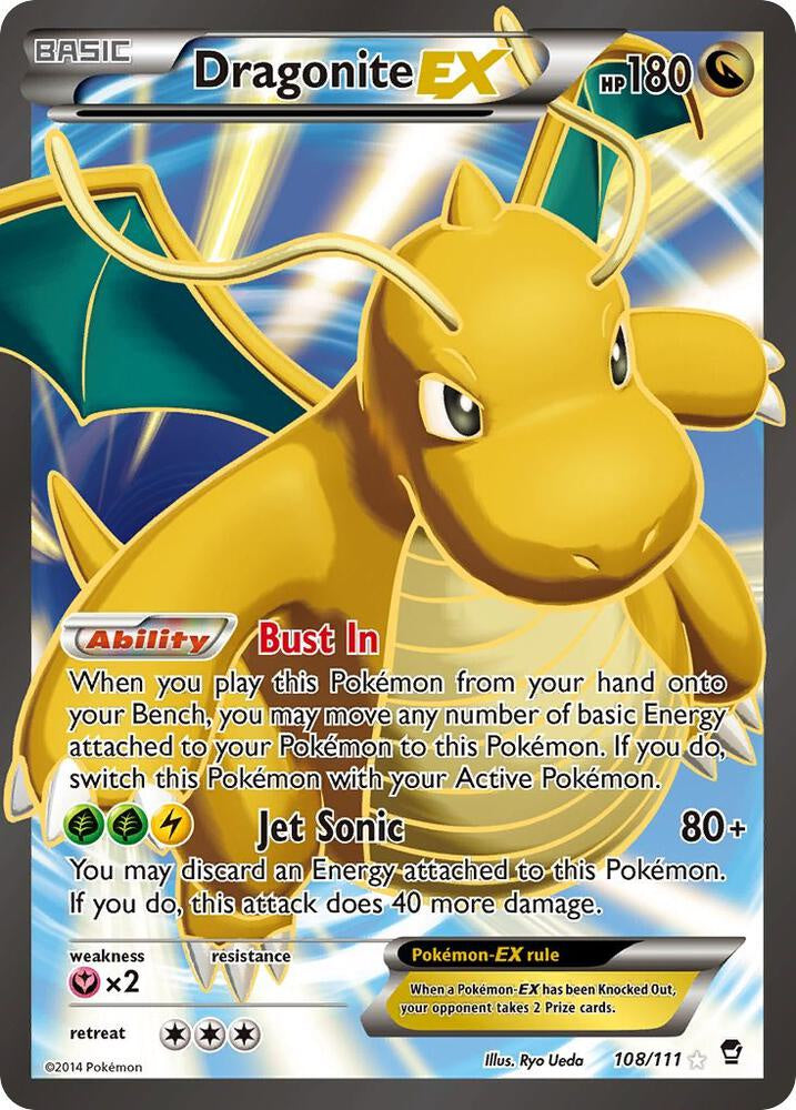 2014 Pokémon XY Furious Fists Dragonite EX 108/111 Full Art Ultra Rare textured holographic English trading card in Near Mint to Lightly Played condition.