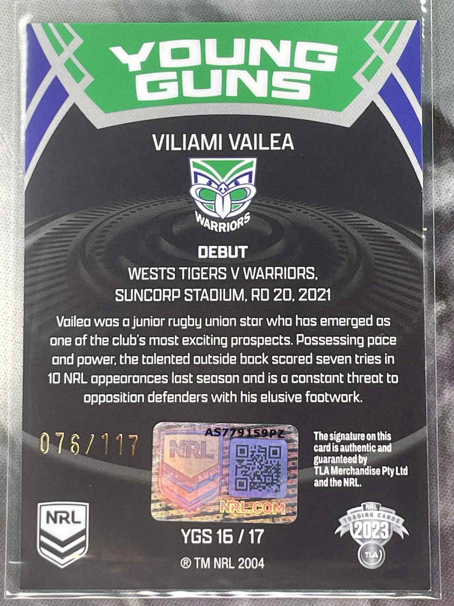 Young Guns sports trading card featuring Viliami Vailea with branding and text