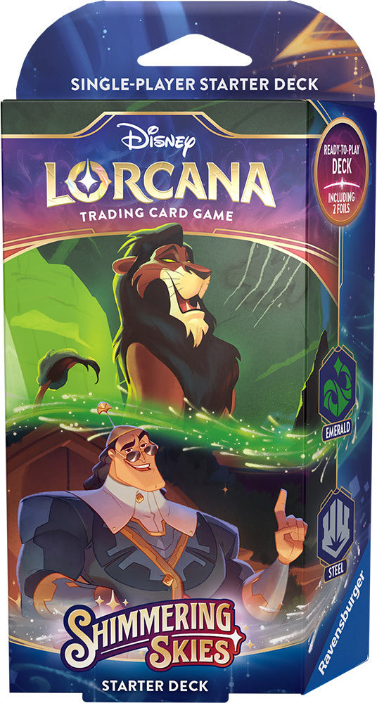 Disney Lorcana TCG Shimmering Skies A Roaring Guest List Starter Deck with a ready-to-play 60-card deck, booster pack and game accessories.