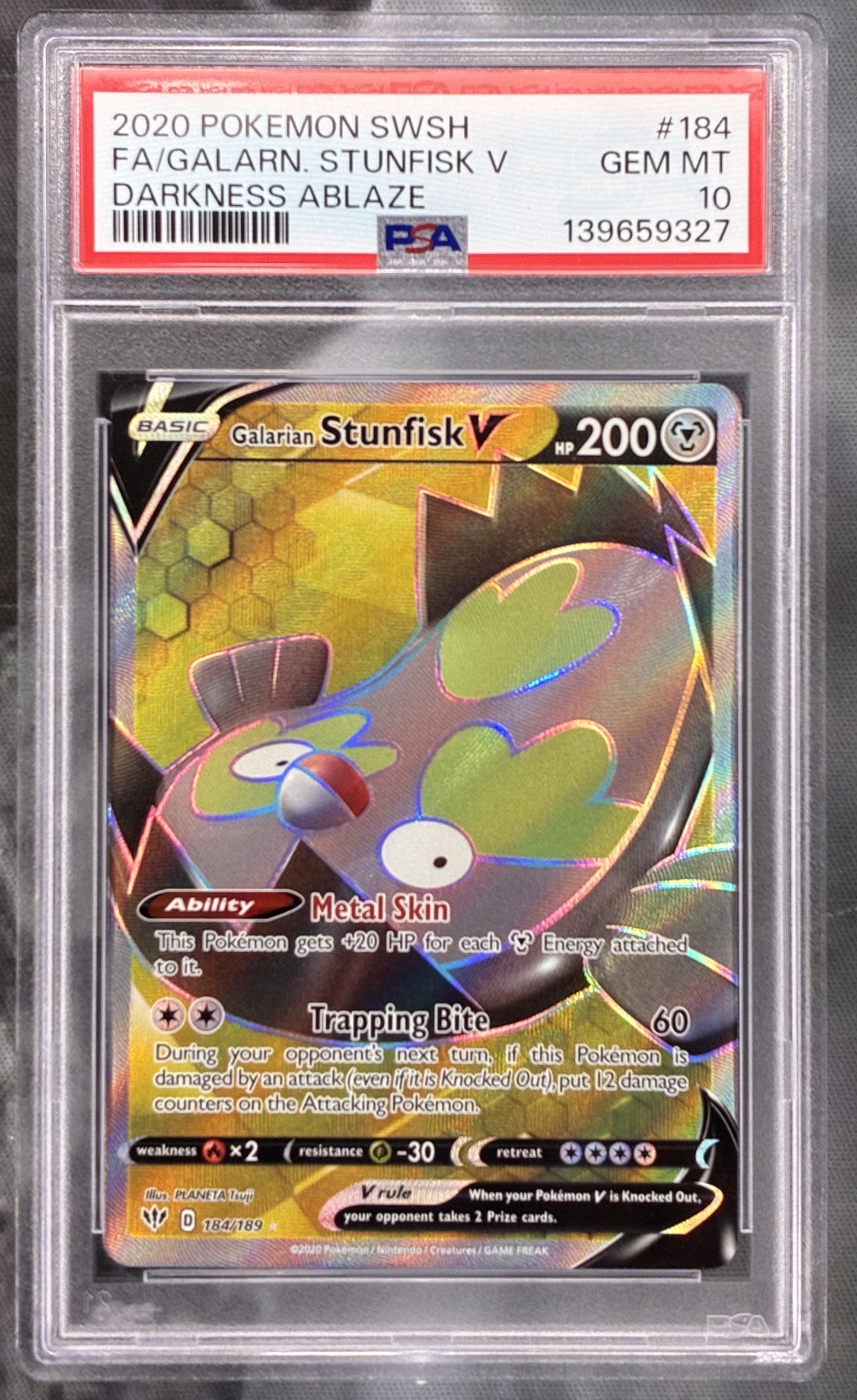 Pokémon Galarian Stunfisk V 184/189 Darkness Ablaze Full Art Holo PSA 10 Gem Mint