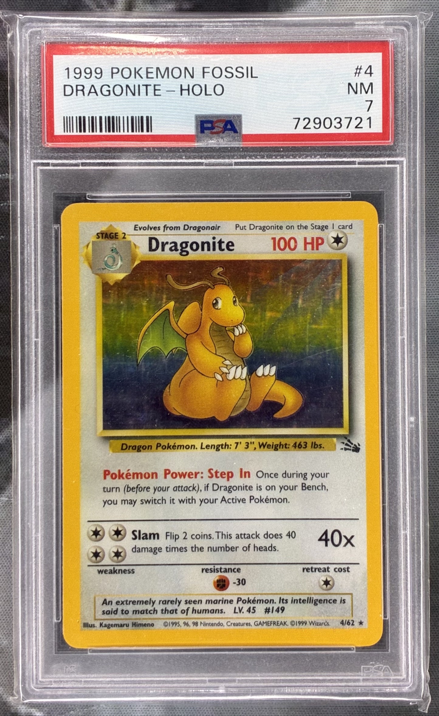 Pokémon Dragonite 4/62 Fossil Holo Rare 1999 WOTC PSA 7