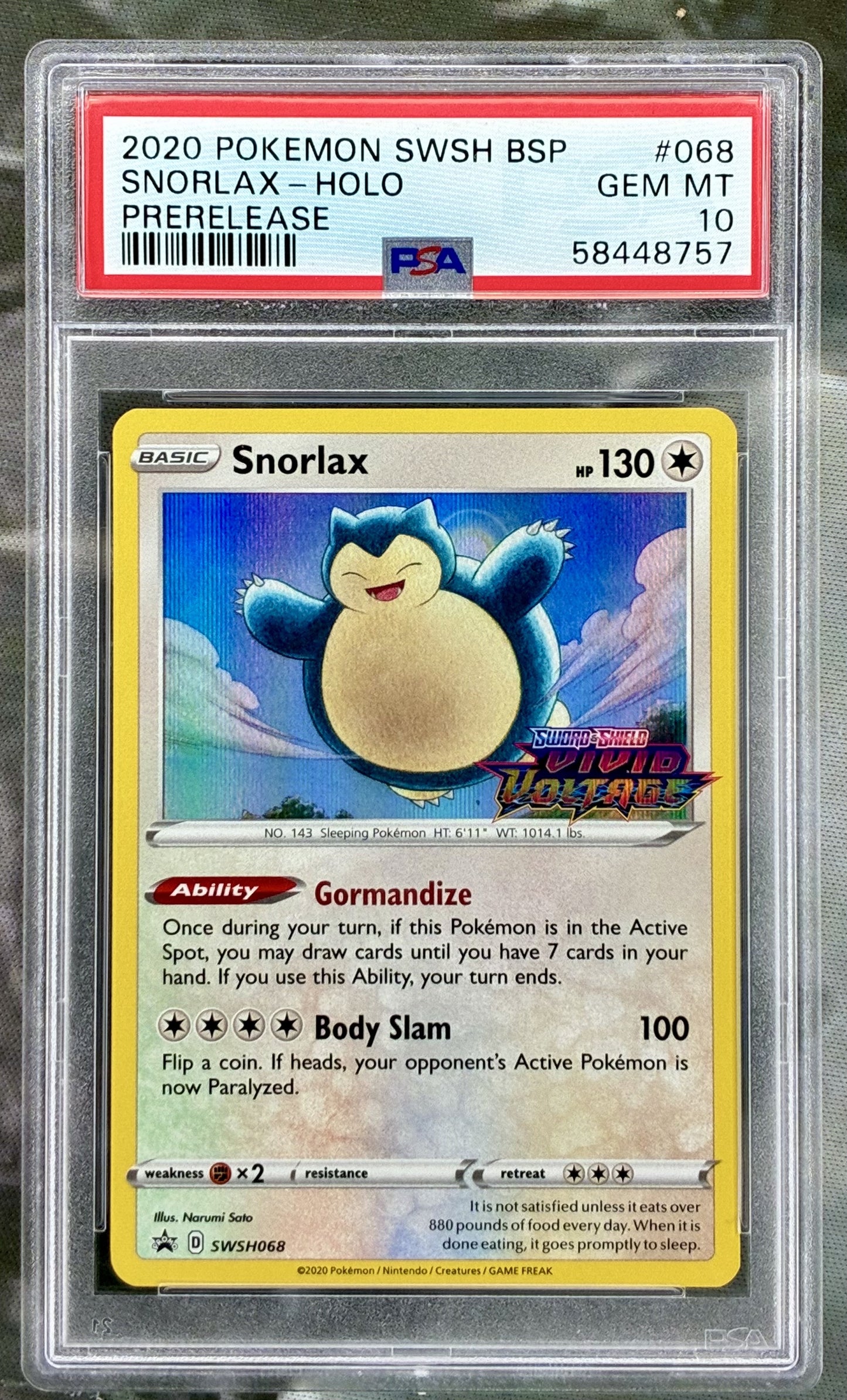 Pokemon Snorlax SWSH068 pre release PSA 10 Vivid Voltage promo