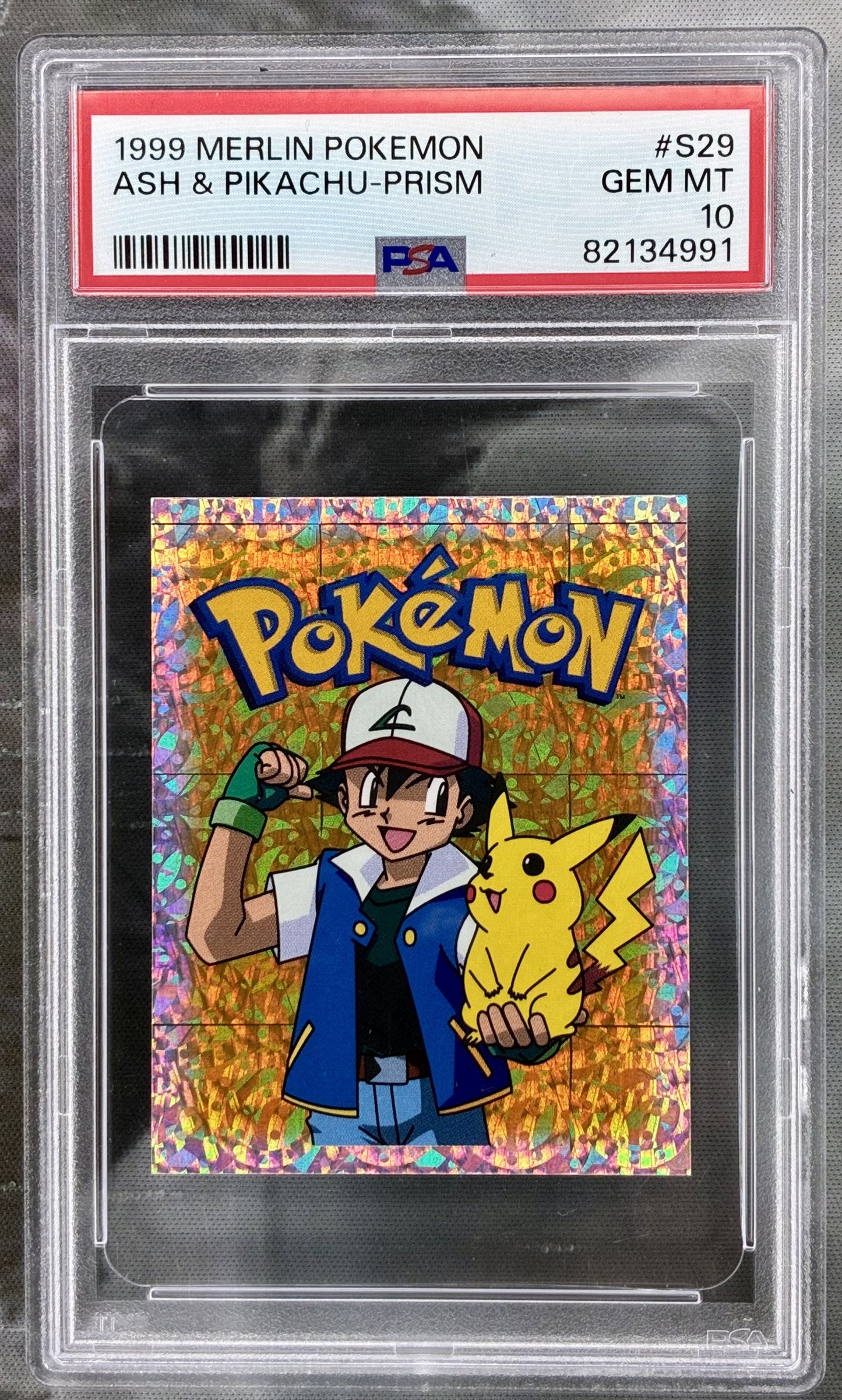 1999 Merlin Pokémon Ash Pikachu Prism PSA 10 Gem Mint slab
