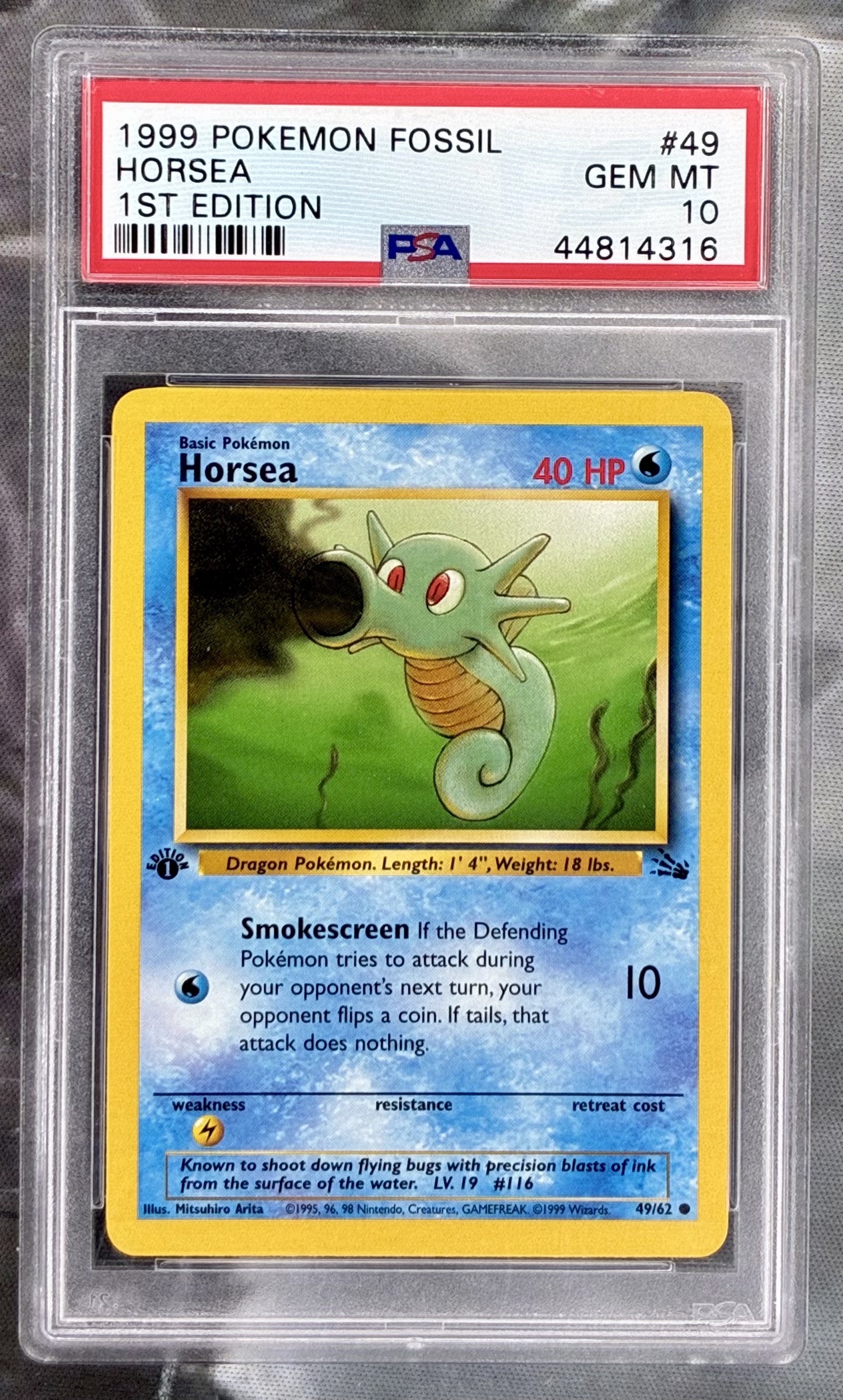 Horsea Fossil 1st Edition 49/62 PSA 10 English Pokemon card slab